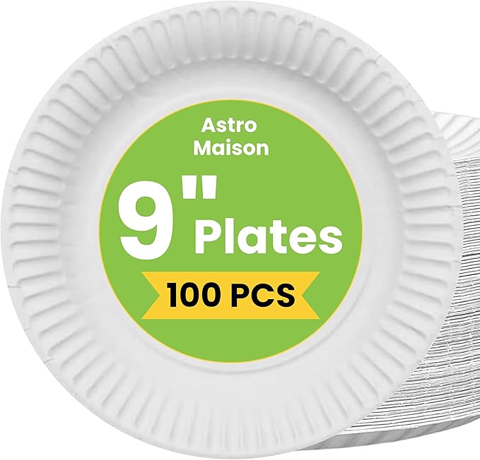 100 Pack Paper Plates 9 inch | Biodegradable Disposable Plates for Parties, BBQs, Picnics | Eco Friendly Compostable White Paper Plate | Leak Resistant & Microwave Safe