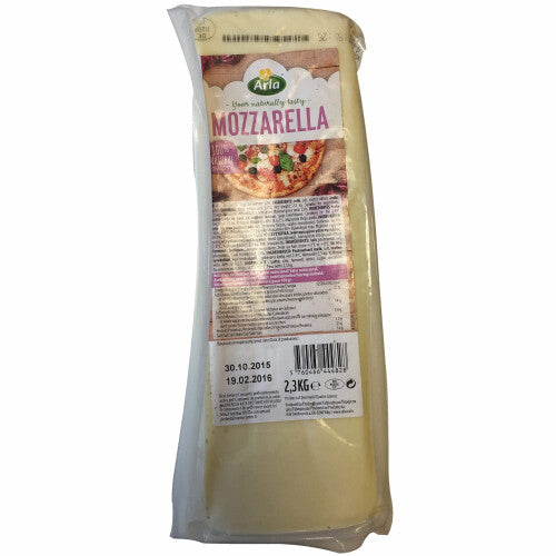 Arla Mozzarella Cheese Block 1x2.3kg - Mild, creamy, ideal for slicing or melting; perfect for pizzas, pastas, salads and high-volume catering.