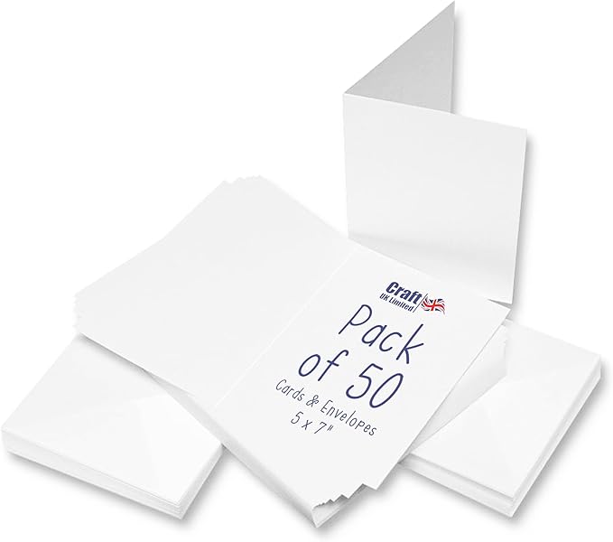 Craft UK, 50 Blank Cards and Envelopes for Card Making, Made in the UK, Lasting Quality, White, 5 x 7-Inch