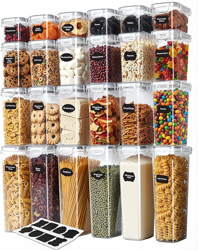 KICHLY Airtight Food Storage Containers With Lids (24 Pack) - Pantry Organizers and Storage - BPA-Free Pantry Storage Or Kitchen Storage Containers - Ideal for Cereal, Flour, Sugar & More