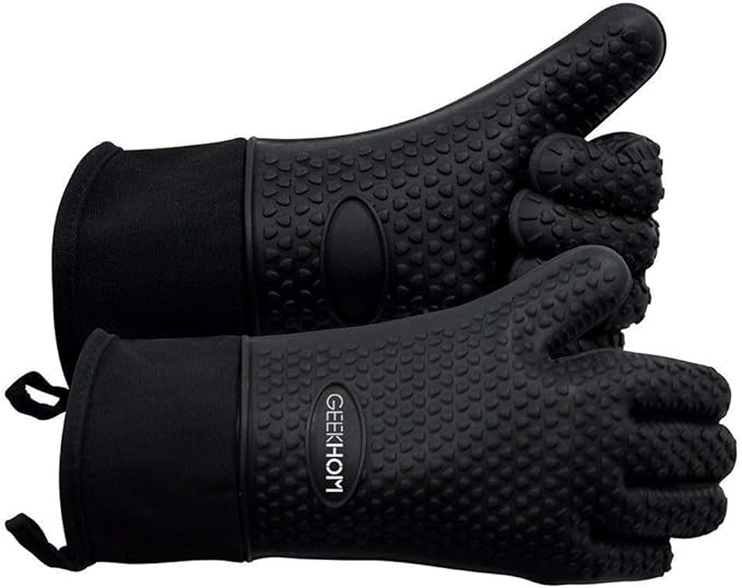 GEEKHOM Silicone Oven Gloves Heat Resistant Silicone Oven Mitts BBQ Gloves Waterproof Kitchen Gloves for Barbecue Grilling Weber Microwave, Non-Slip Oven Gloves with Fingers, Black