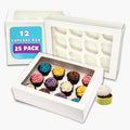 PACK N TRADE 25 Pcs cupcake boxes 12 hole - Removable Inserts Deep cake boxes for cupcakes – White cup cake boxes (33 x 24.2 x 7.5 cm) with Clear Window - Ideal for Muffins, Cupcakes