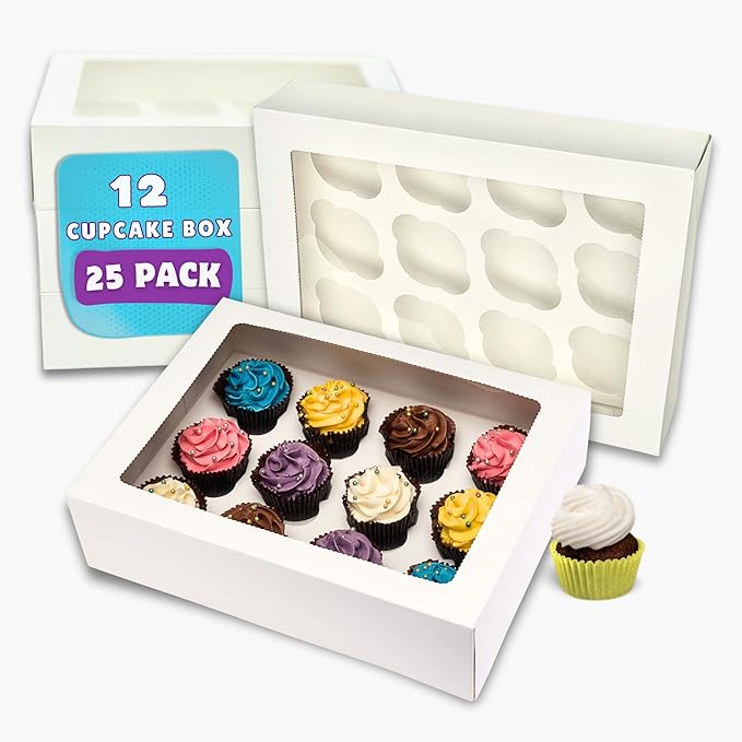 PACK N TRADE 25 Pcs cupcake boxes 12 hole - Removable Inserts Deep cake boxes for cupcakes – White cup cake boxes (33 x 24.2 x 7.5 cm) with Clear Window - Ideal for Muffins, Cupcakes