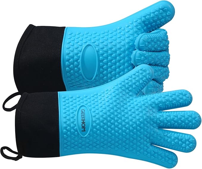 GEEKHOM Silicone Oven Gloves Heat Resistant Silicone Oven Mitts BBQ Gloves Waterproof Kitchen Gloves for Barbecue Grilling Weber Microwave, Non-Slip Oven Gloves with Fingers, Aqua Blue