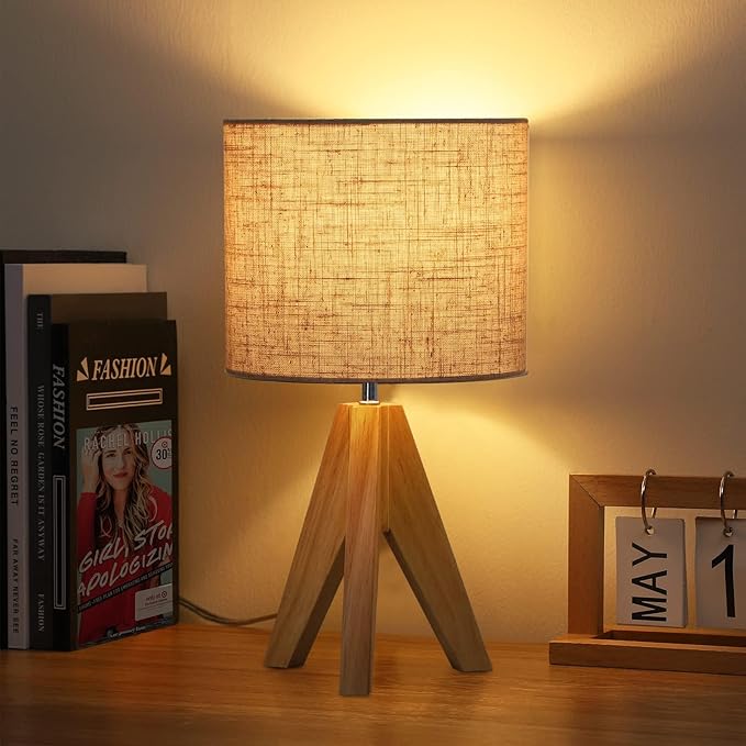 EDISHINE 36cm Wood Bedside Table Lamp, Tripod Desk Lamp with Beige Linen Lampshade, On-Off Switch, Desk Lamps for Reading, Bedroom, Living Room, Study, Office, E27 Base[Energy Class F]