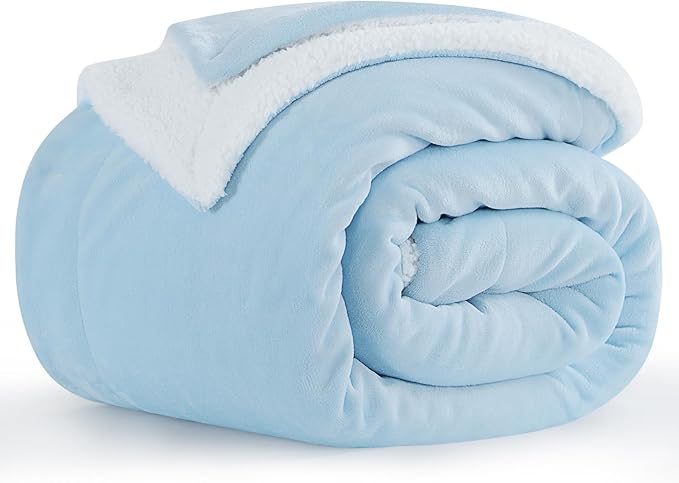 Aisbo Sherpa Fleece Throw Blanket Light Blue - Fluffy Thick Warm Blanket for Bed Double Size, Soft Solid Microfiber Blanket Twin for Sofa Couch, 150x200cm