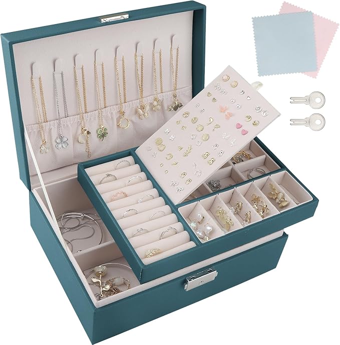 Jewellery Box,2 Layer PU Leather Jewelry Box Organiser with 2 Keys,Suitable for Rings Earrings Necklaces Bracelets Accessories, Jewellery Box Gifts for Women Girls (Green)