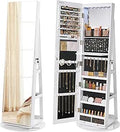SONGMICS 6 LEDs Mirror Jewellery Cabinet, 360° Swivel Jewellery Storage Organiser, Lockable, Free-Standing Frameless Full-Length Mirror with Storage, White Surface, Black Lining JJC007W01