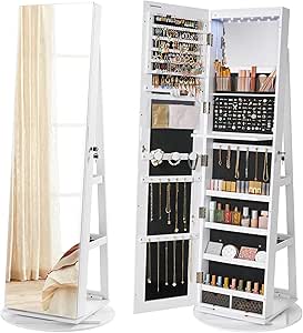 SONGMICS 6 LEDs Mirror Jewellery Cabinet, 360° Swivel Jewellery Storage Organiser, Lockable, Free-Standing Frameless Full-Length Mirror with Storage, White Surface, Black Lining JJC007W01