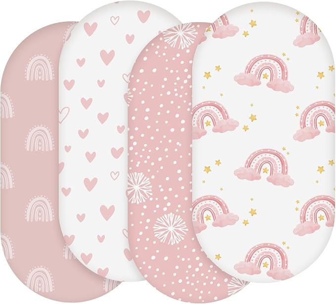 Soarwg Kids Moses Basket Sheets 82X41cm, Baby Bassinet Sheets Pram Sheet Fitted for Boy and Girl, Crib Fitted Sheets Oeko-tex100 Fit for Oval, Hourglass & Rectangle Bassinet 4 Packs Pink/White