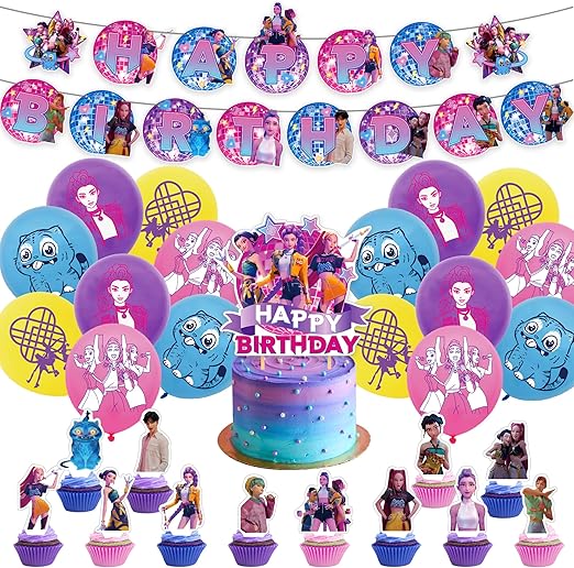 Dem-ons H_Hunters Birthday Party Decorations for Boys - Complete Kids Party Kit with Hanging Banner, Balloons & Cake Toppers | D-Demon H-Hunters Themed Decoration Supplies for Birthday Celebrations