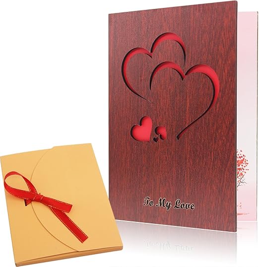 Creawoo Handmade Walnut Wood Love Greeting Card Unique Card Box Idea Greeting Card for Valentine's Day, Birthday Anniversary with Hollow Carved Design, Best Gift for Her, Him, Wife, Husband