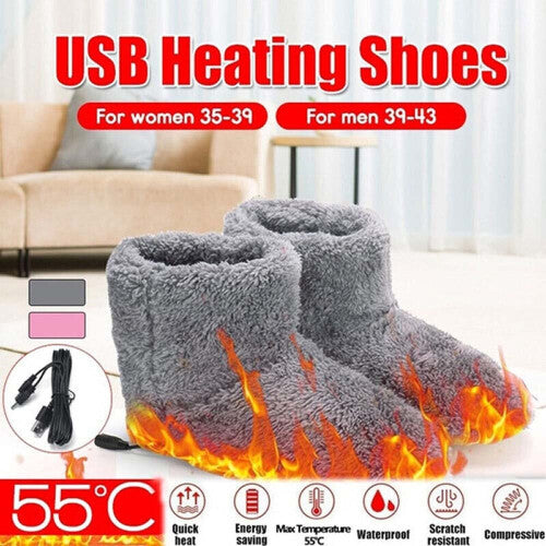 (Grey) Winter USB Warmer Foot Shoe Plush Warm Electric Slipper Feet Heated Washable