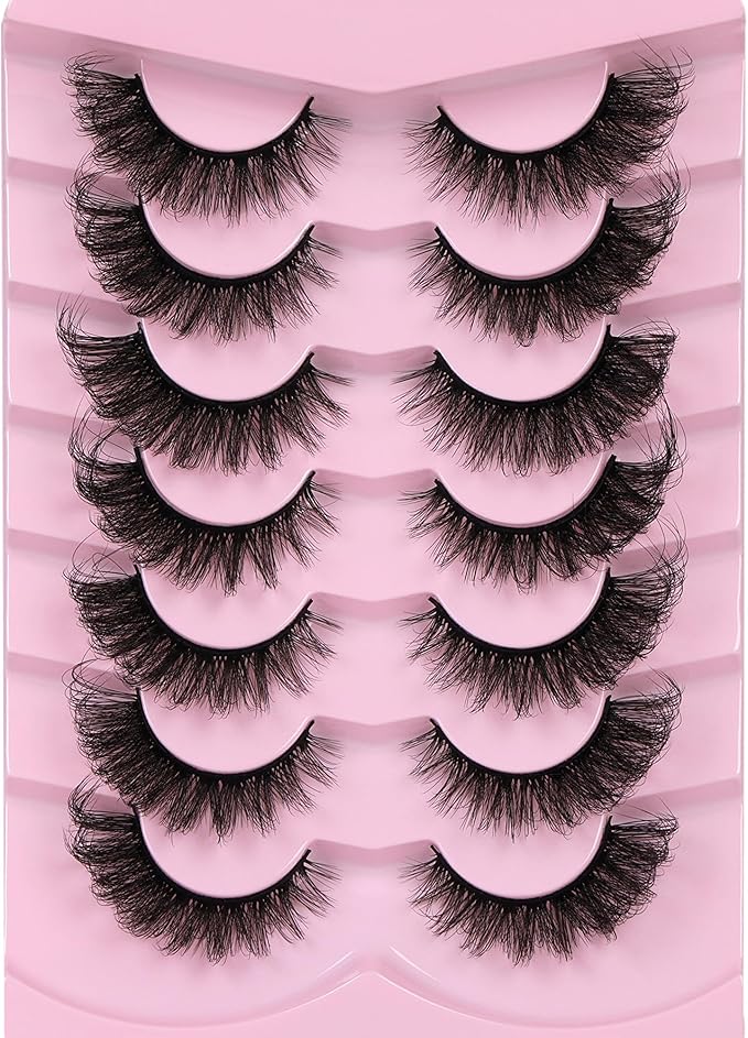 False Eyelashes Cat Eye Lashes Fluffy Wispy Natural Eyelashes 20MM False Lashes Pack 8D Dramatic Volume Faux Mink Lash Strips 7 Pairs