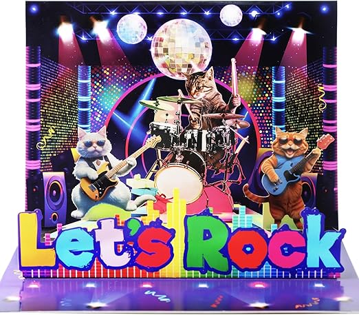 Rockin' Cat Birthday Card with Lights & Music, Musical Greeting Card with Pop-Up Guitar Cat for Cat Lovers, Unique Fun Gift for Women & Men