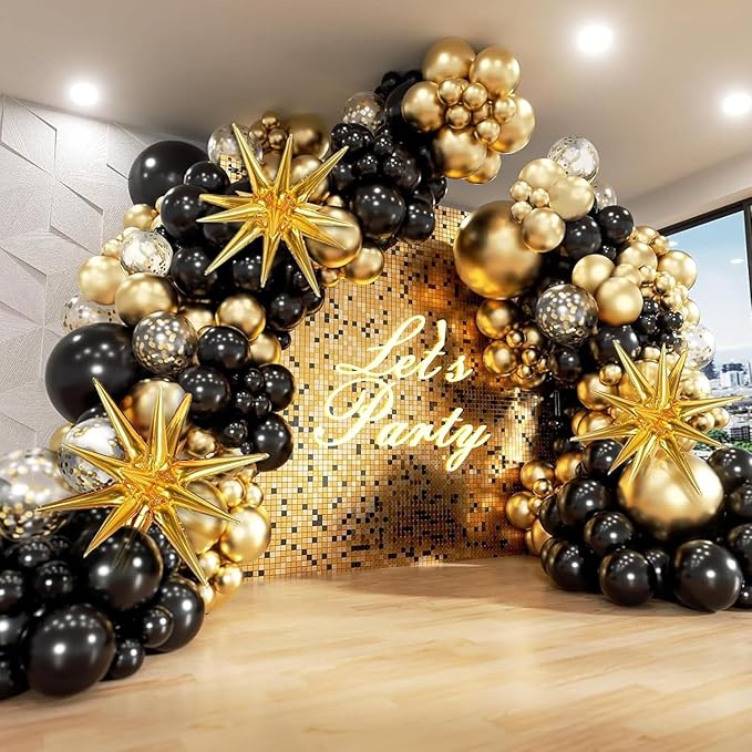 231Pcs Black and Gold Balloon Arch Kit with Foil Star Balloons, Birthday, New Years Eve Party Decorations, Confetti Latex Balloons for Graduation - Black and Silvery Balloon Arch Kit (Black Gold)
