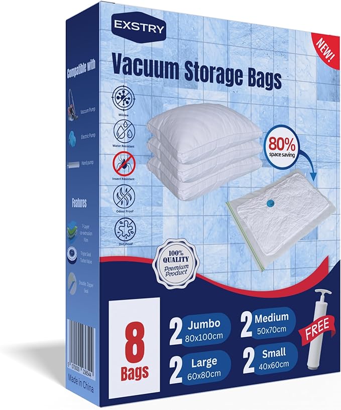 Vacuum Storage Bags for Clothes,Vacuum Bags for Duvets,Storage Bags Vacuum Pack 8-2 Jumbo, 2 Large, 2 Medium, 2 Small Vacuum Bags for Clothes with Hand Pump