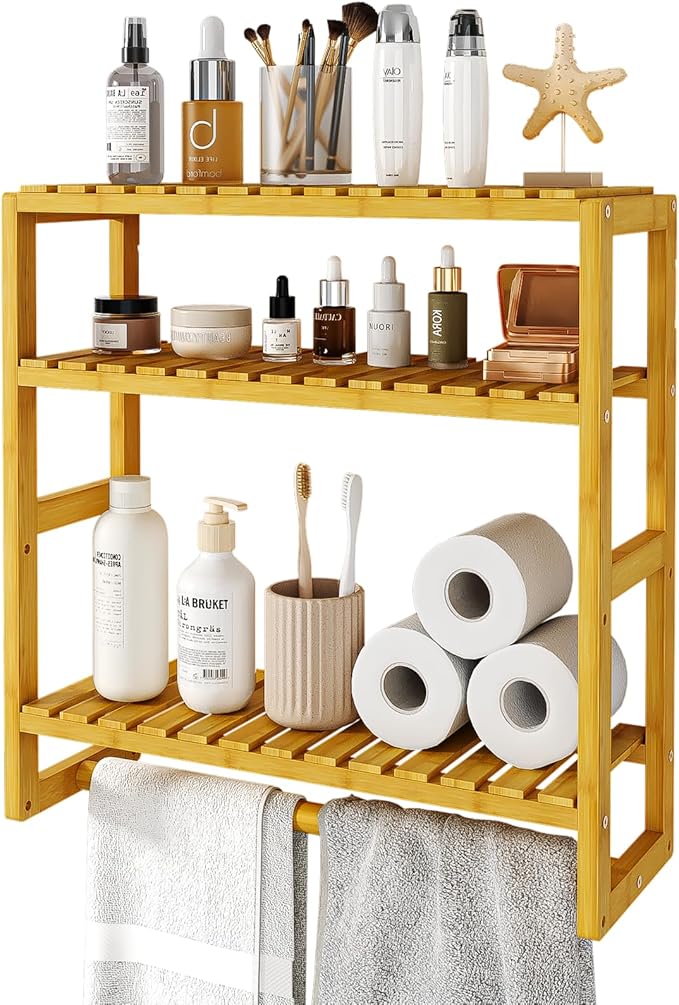 Bamworld Bathroom Shelf Storage Adjustable Bamboo shelf 3-Tiered Over Toilet Rack Bathroom Organizer for Space-Saving Wall Mount Stand Used in the Living Room (Light Brown)
