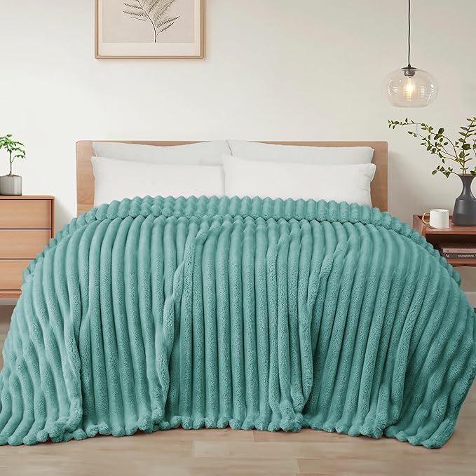Exclusivo Mezcla Queen Size Flannel Fleece Blanket, Super Soft Striped Jacquard Bed Blanket, Lightweight Fuzzy Cozy for All Seasons, 230x230 CM, Celadon