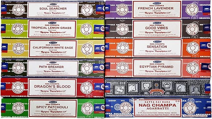 Satya Incense Sticks Variety Pack 15gm x 12 Pack, Natural Organic Hand rolled Incense Sticks Set - Best For Aromatherapy, worship, Yoga Meditation # pk1