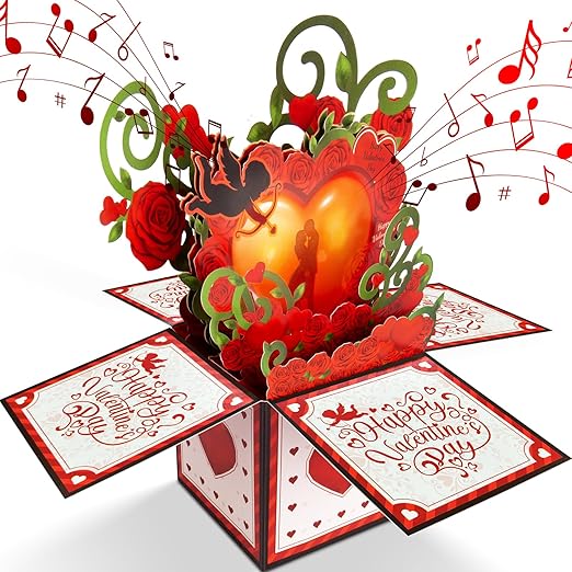 Valentines Day Card, LIGHT & Romantic MUSIC Valentines Gift for Her Him Couple, Pop up Happy Valentine's Card