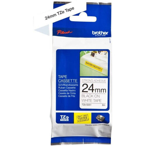 Brother TZe-S251 Labelling Tape Cassette, Black on White, 24mm (W) x 8M (L), Strong Adhesive, Brother Genuine Supplies
