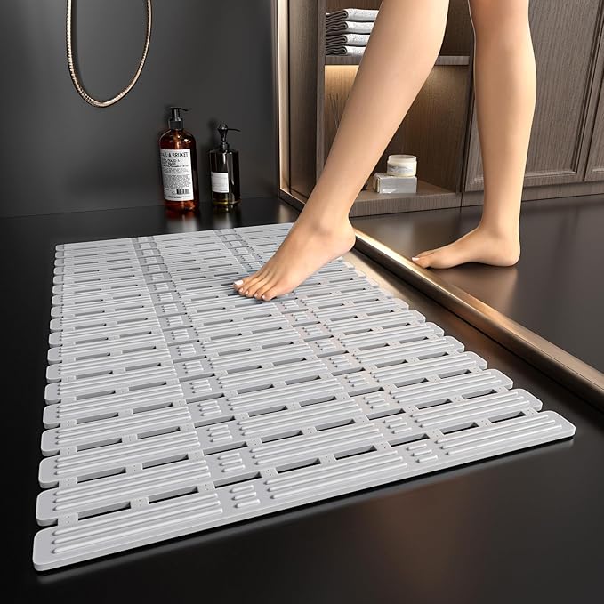 XIYUNTE Shower Mat Non Slip Anti Mould for Elderly - 68x40cm Bath Mat Non Slip Shower Mats for Inside Shower, Anti Slip Bath Mat with Powerful Suction Cups, Easy to Clean, Cut to Size, Light Grey