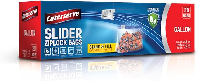 Slider Ziplock Bags – 1 Gallon Food Storage Bags - 20 Resealable Food Bags – Stand and Fill Expandable Bottom – Freezer and Microwave Safe – Ideal for Leftovers, Fruit, Veggies