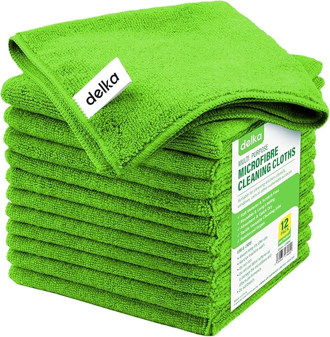 delka Microfibre Cleaning Cloths –Multi-Purpose, Ultra Soft & Lint-Free –Reusable, Streak-Free for Kitchen, Car, Glass, Windows & Electronics (Green,12 Pack)