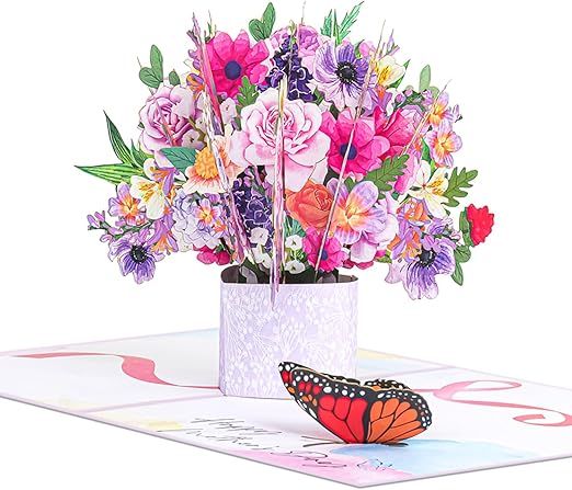 Flower Pop Up Birthday Card for Women & Men. Floral 3d Mixed Flower Pot With Butterfly Card for Mothers Day, Birthday, Anniversary, any Celebration
