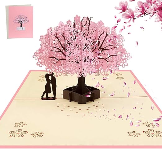 3D Pop Up Greeting Card with Envelope for Wife Husband Her Him Boyfriend Girlfriend, Romantic Couple Under Cherry Tree, Cards for Wedding, Christmas, Birthday, Anniversary, Valentine's Day