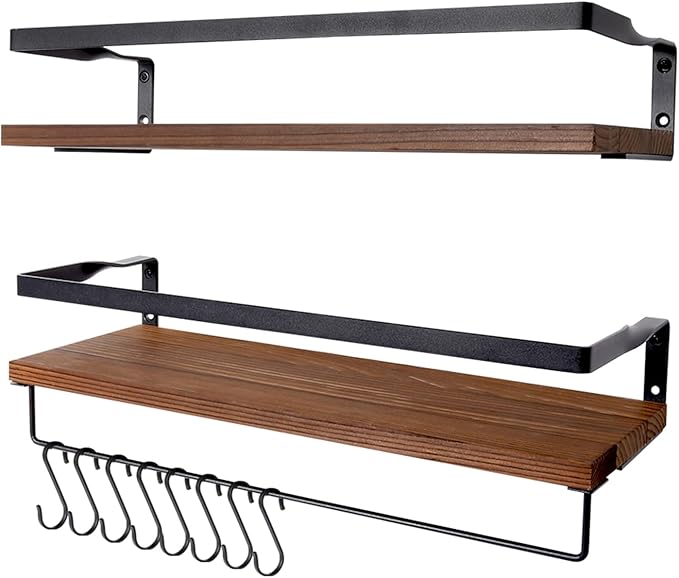 AGM Floating Shelves Wall Mounted Shelf, Wooden Wall Shelves Racking Set of 2 for Bedroom, Bathroom, Living Room, Kitchen Storage w/ 1 Towel Bar and 8 S-Hooks, Max Load 33lbs