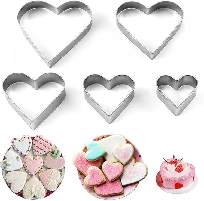 5Pcs Valentines Stainless Heart Moulds, Valentines Heart Moulds, Valentines Cake Baking Moulds, Valentine Heart Shaped Cookie Moulds, Heart Mould for Wedding Valentine Cake Mould Set and Dessert