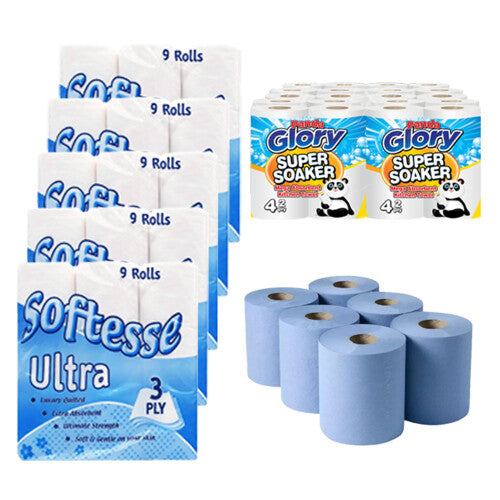 MEGA TISSUE ROLLS BUNDLE 45 x Toilet 3ply 24 x Kitchen 6 x Blue Rolls