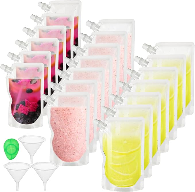 ASelected 20Pcs Drink Pouches for Festivals, Leak Proof Alcohol Juice Liquid Pouches Bags with Funnel, Plastic Drinks Flasks for Parties, Picnic, Travel, Sports, Halloween Christmas