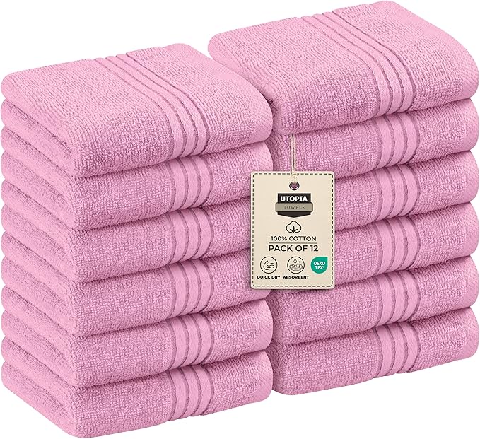 Utopia Towels - 12 Pack Luxury Wash Cloths Set (30 x 30 CM) 100% Cotton Ring Spun, Highly Absorbent and Soft Feel Washcloths for Bathroom, Spa, Gym, and Face Towel (pink)