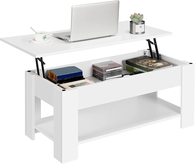 Yaheetech Lift Up Coffee Table, Wooden Lifting Coffee Table with Hidden Storage Drawer and Open Shelf, Space-saving Tea Tables for Living Room/Reception, White, 98x50x(42-56) cm
