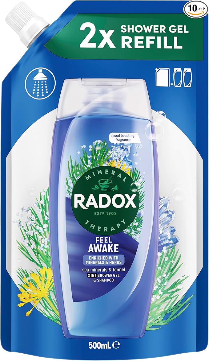 Radox Mineral Therapy Feel Awake Refill Pouch Body wash 2-in-1 shower gel & shampoo with a sea mineral & fennel fragrance for a refreshing shower experience 10x 500 ml