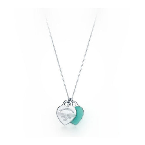 (Blue Enamel) Mini Double Heart Tag Pendant Necklace 925 silver