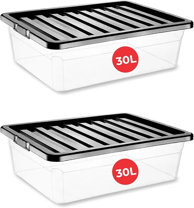 2 X 30L Under bed Storage Boxes with Lids | Multipurpose Clear Plastic Storage Box With Black Lid for Home Office Kitchen Stackable Storage Boxes (30 Litre(Underbed) / 2 Pack)