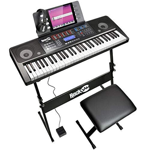 RockJam RJ761-SK 61 Keyboard Piano Kit 61 Key Digital Piano Keyboard Bench Keyboard Stand Headphones Sustain Pedal and Simply Piano Application