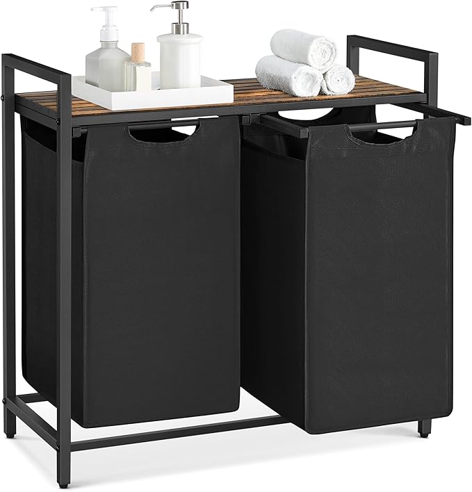 Vasagle BLH201B01V1 Dirty Laundry Basket, 2 Compartments, Bin, with 2 Removable Oxford Cloth Bags, Metal Frame, 2 x 46 Litres, 73 x 33 x 72 cm, Rustic Brown and Black