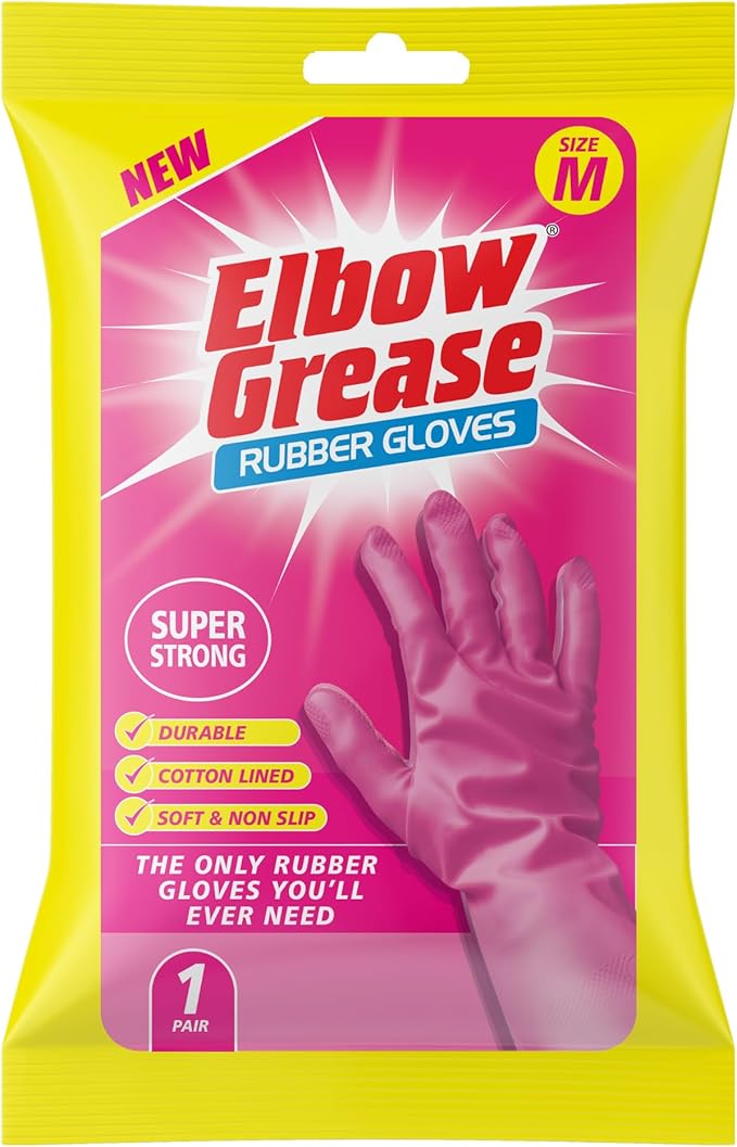 Elbow Grease Pink Rubber Gloves | Super Strong, Cotton Lined, Non-Slip Household Gloves (Medium - 1 Pack)