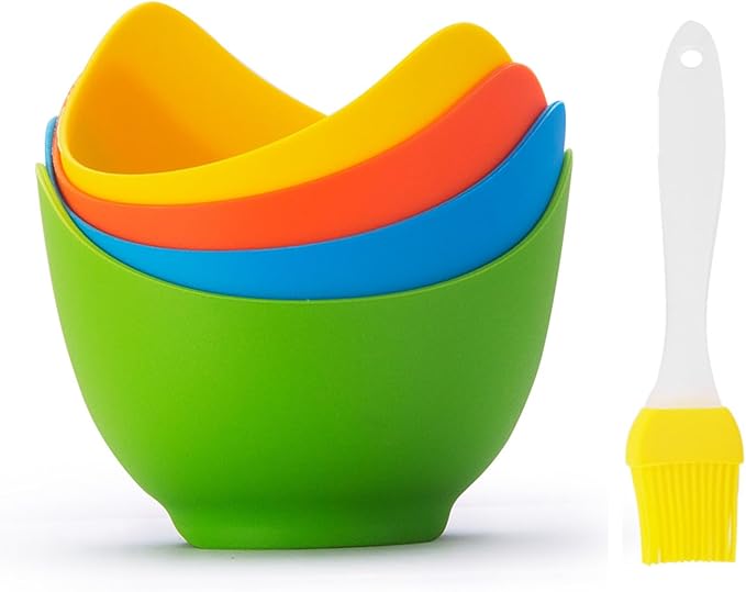 4pcs Silicone Egg Poacher Cups with Bonus Oil Brush, Nonstick Egg Poaching Cups for Air Fryer, Baking Oven or Stovetop Egg Cooking, BPA Free.