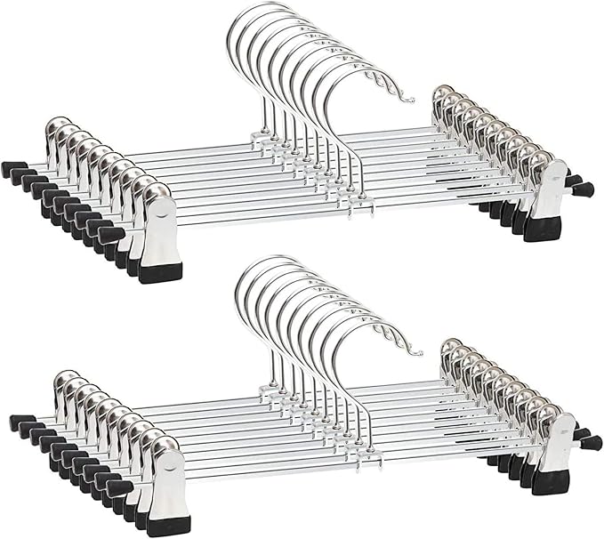 Trouser Hangers, 20 Pack Skirt Hangers with Adjustment Metal Grip Clips, Pant Hangers for Kids Adults, Heavy Duty Durable Space Saving, Silver