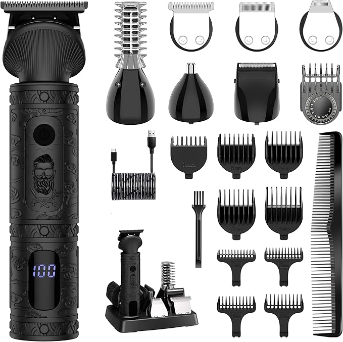 Surker Beard Trimmer for Men, 7 in 1 Professional Grooming Kit ，T-Blade Trimmer, Electric Shaver, Nose & Body Trimmer, Hair Clipper, Cordless, USB Rechargeable with LED Display, Black