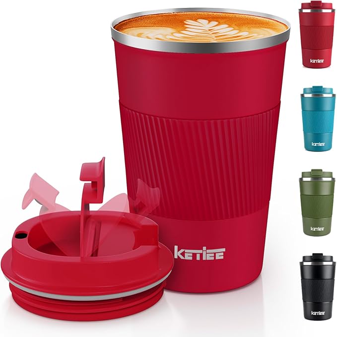 KETIEE 380ml Insulated Travel Mug With Leakproof Lid - Double Walled Stainless Steel Cup for Hot and Cold Drinks - Red