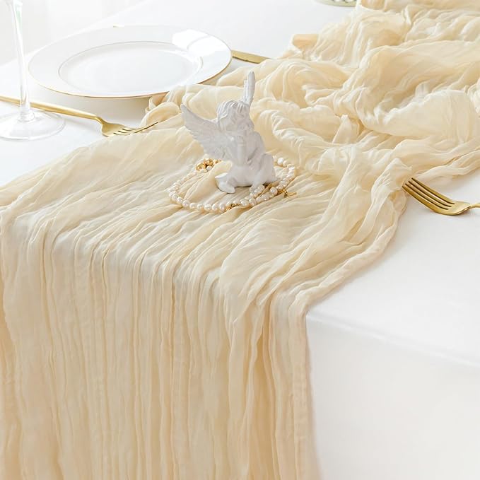 Sioloc 1 Pack Beige Cheesecloth Table Runner Summer Decor 90cmX300cm Boho Gauze Runner for Fall Autumn Decor Wedding Party Baby Bridal Shower Birthday Table Decorations