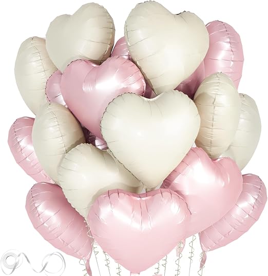 Pink White Heart Balloons, 24Pcs 18Inch Cream Baby Pink Foil Heart Shaped Love Balloons, Sand White Pink Mylar Balloons for Valentines, Birthday, Proposal, Wedding Party Decorations
