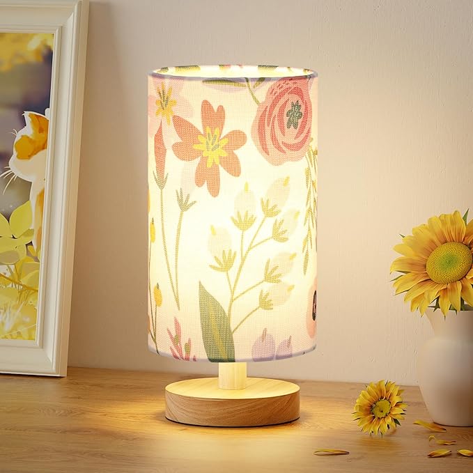 Aooshine Small Bedside Table Lamp, Flower Style Bed Lamp with Round Fabric Linen Shad,Inline Control(Bulb Included)